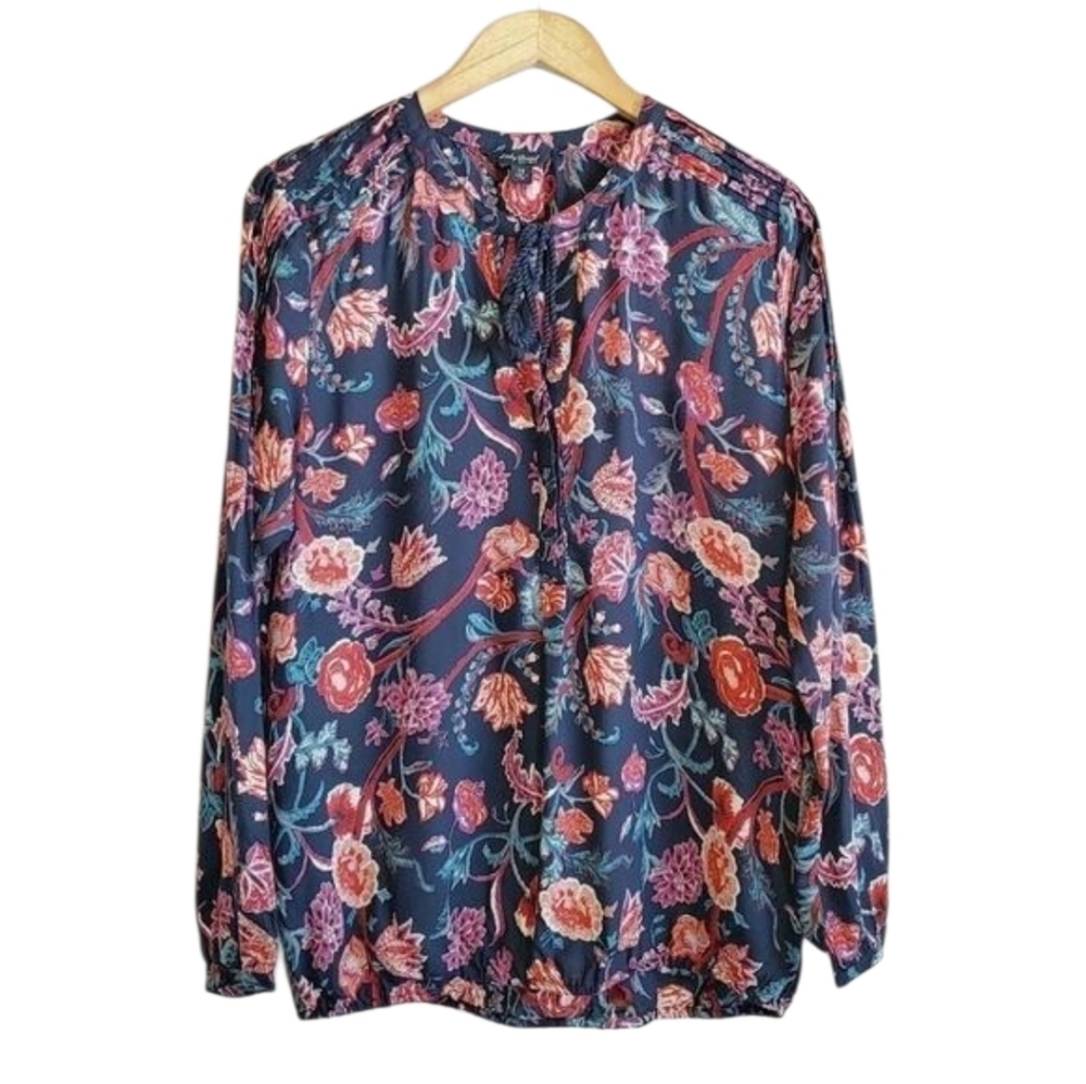 Lucky Brand Floral Boho Tassle Knit Blouse Sz M